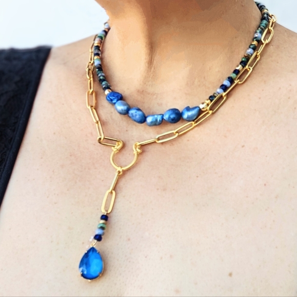 Blue Glass Czech Beads & Crystal Pendant In Two Strand Paperclip Necklace - Picture 8 of 10